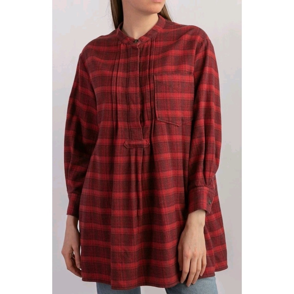 Isabel Marant Etoile Pintucked Flannel Shirt Tunic Womens *XL Red Black Plaid